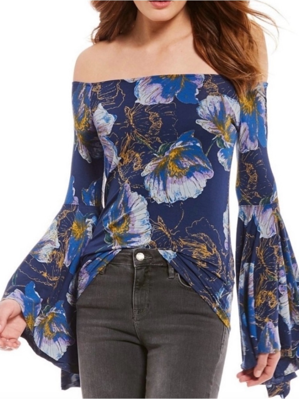 We The Free Birds of Paradise Floral Off-Shoulder Bell Sleeve Blouse Size Small